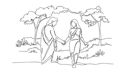 Obraz premium couple walking in nature outline one line vector shape