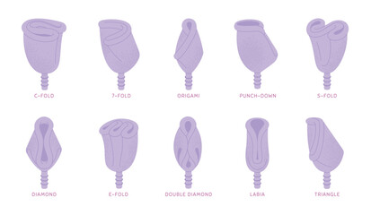 Folding menstrual cup. Fold methods female silicon cup for period. Reusable women hygiene elements, zero waste, save nature, racy vector set