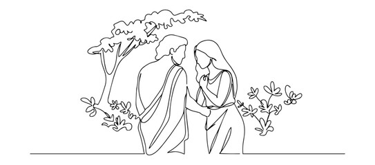 biblical couple talking in the garden outline one line vector shape