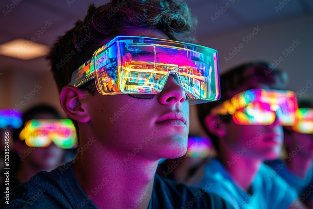 Aufkleber youth immersed in virtual reality experience wearing colorful futuristic glasses in a classroom sett
