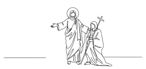jesus with kneeling disciple and cross outline one line vector shap