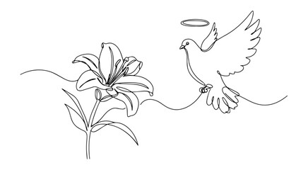 Fototapeta premium lily flower and holy spirit dove outline one line vector shape