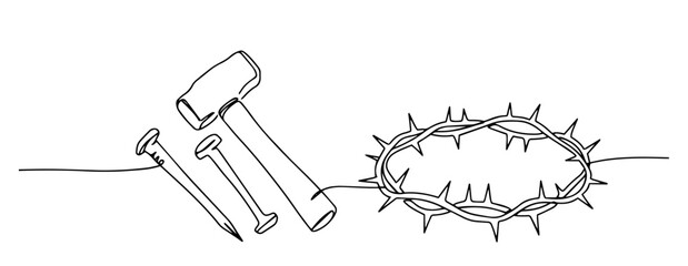 crown of thorns nails and hammer outline one line vector shape