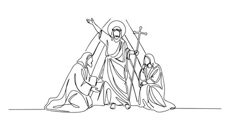 resurrected jesus with kneeling disciples outline one line vector shape