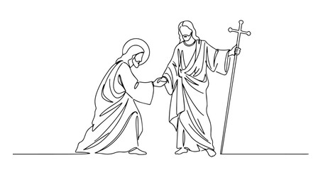 resurrected jesus and mary magdalene outline one line vector shape