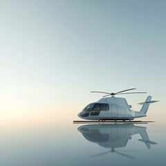 Futuristic silver helicopter on calm water at sunrise, reflecting on the surface.