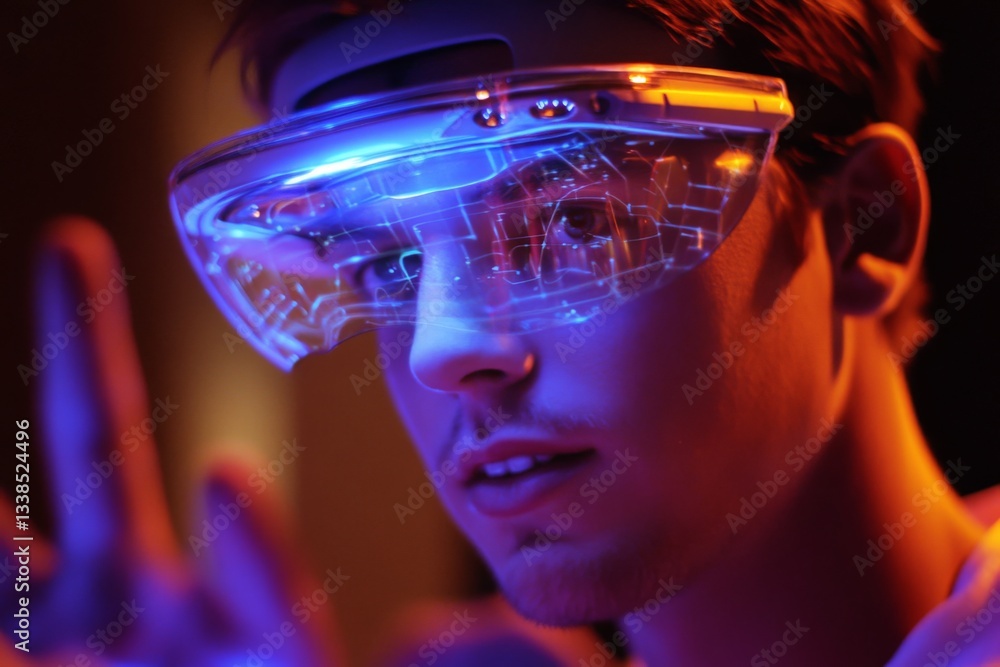 Poster futuristic technology experience with a young man using advanced smart glasses in a dimly lit enviro