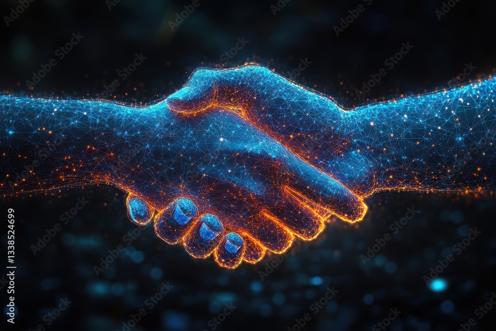 Poster digital handshake representing collaboration and technology in a futuristic setting
