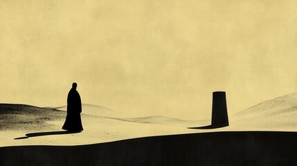 Solitary Figure in a Desolate Landscape: A Journey of Solitude and Reflection under a Pale Yellow Sky