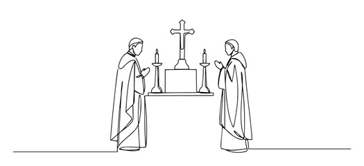 church altar with two priests outline one line vector shape