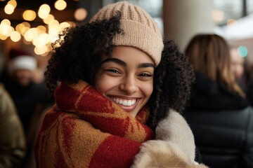 Young woman smiles warmly while bundled up in colorful scarf during a festive winter gathering in a cozy urban setting