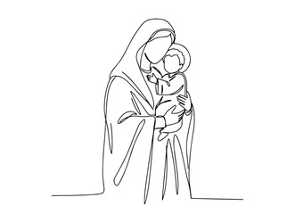 Our Lady Mary Madonna Mother of God holding baby Jesus outline one line vector shape
