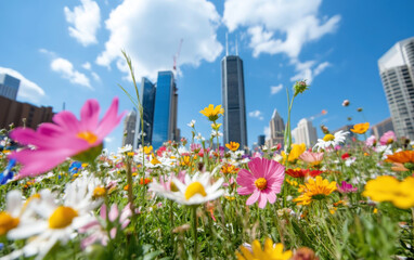 City square transformed into a vibrant wildlife-friendly garden with blooming flowers and skyscrapers in the background
