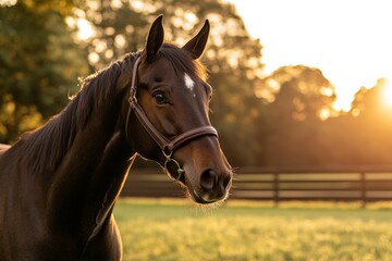 Obraz premium Majestic horse stands in a sunlit pasture during evening hours with a serene background of trees and a wooden fence