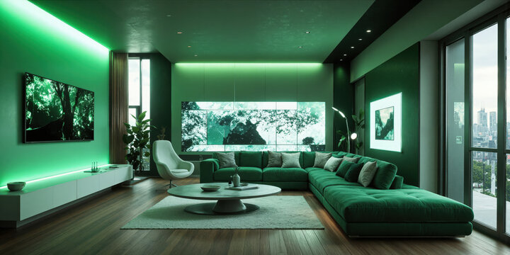 Futuristic living room in emerald green, featuring AI-powered furniture that adapts to comfort preferences, and smart lighting systems that change