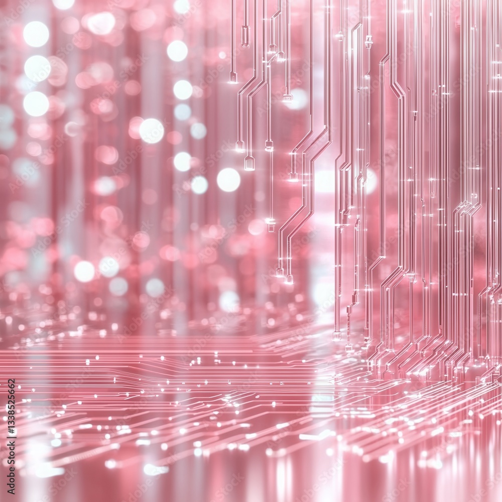 Poster future electronic circuit concept, abstract circuit patterns with pink bokeh background.