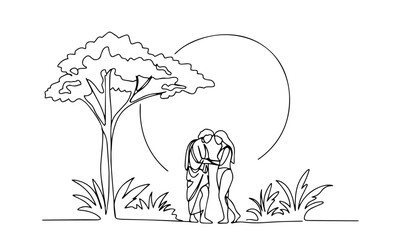 adam and eve in paradise outline one line vector shape