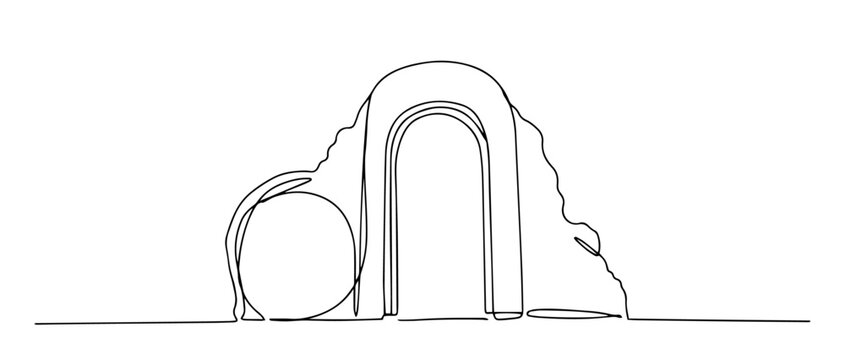 jesus tomb with rolled stone outline one line vector shape