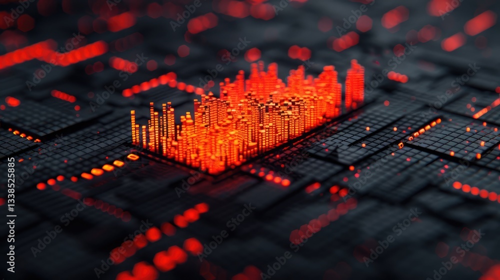 Poster abstract digital data visualization glowing red city skyline on a dark circuit board