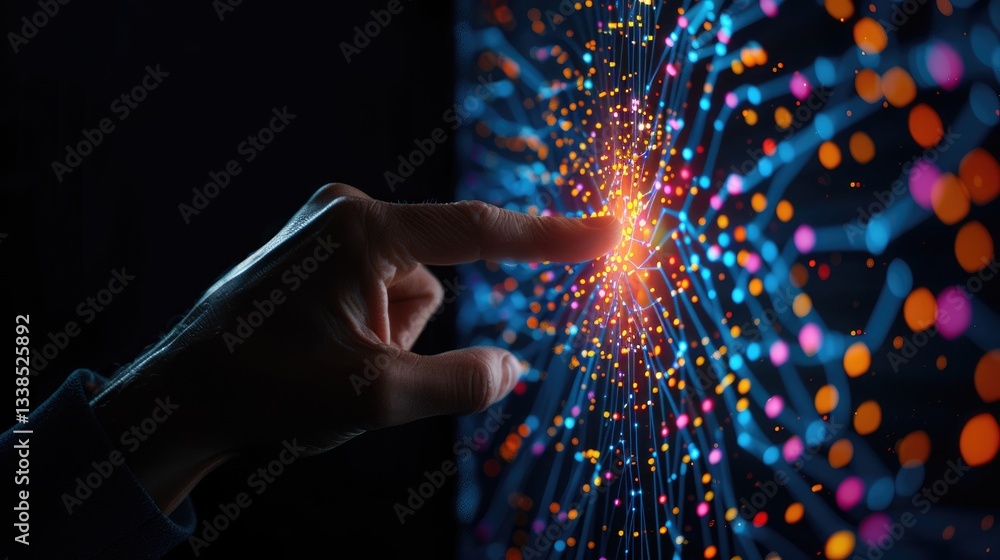 Poster hand interacting with colorful digital network abstract data visualization technology concept
