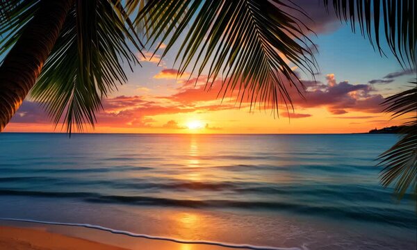 tropical beach background with palm tree leaf at sunset animation