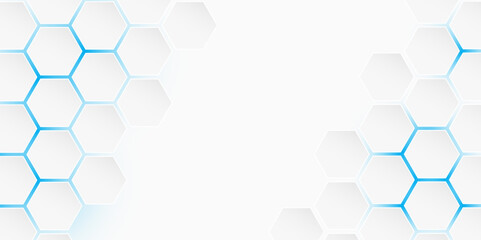 Futuristic Hexagonal Abstract Background with Light Blue Glow. Modern Technology Honeycomb Design with White and Blue Gradient. Hexagon. Vector. 