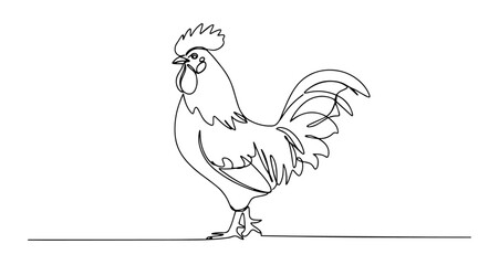 rooster farm bird with comb and feathers vector monoline one line line art