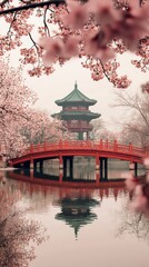 Fototapeta premium Tranquil cherry blossom scene with a red bridge and pagoda