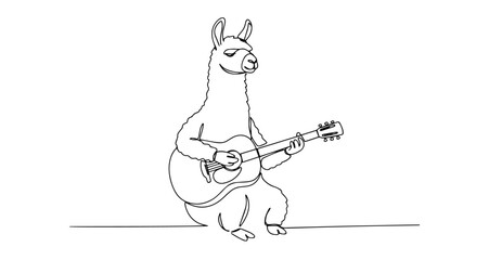 Fototapeta premium llama playing guitar musician funny animal vector monoline one line line art