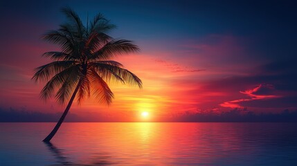 Tropical Sunset Paradise: Lone Palm Tree at Golden Hour