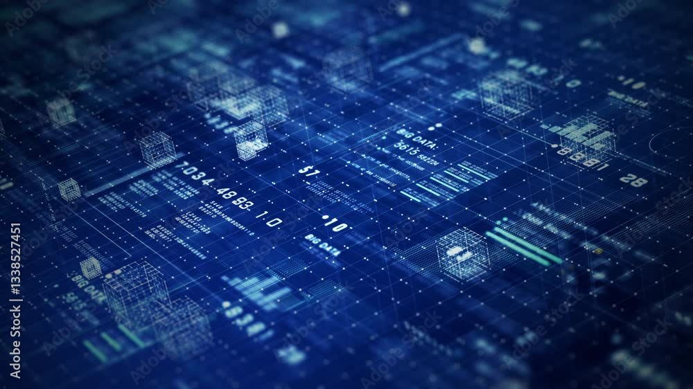 Poster abstract futuristic digital grid with data visualization, analytics, and blockchain elements, repres
