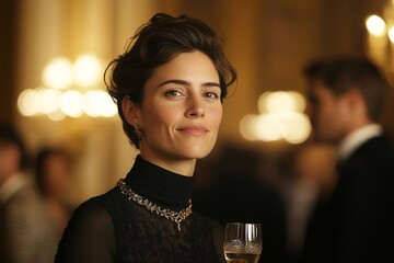 Elegant woman enjoys a drink at a lavish party in a grand ballroom during a festive evening event