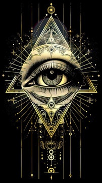 Golden eye within geometric sacred geometry design.  Mystical, spiritual, and symbolic artwork.