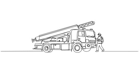 refighter with fire truck emergency rescue vector monoline one line line art