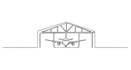 airport hangar with airplane monoline vector, one line aviation line art