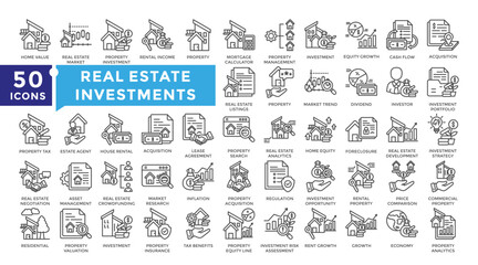 Real estate investments icon set in outline style. Collection includes value, increase, mortgage, real estate, tax and more. Simple vector icon collection