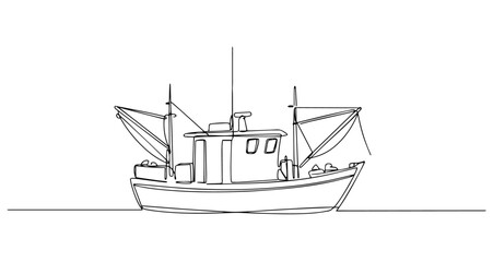 fishing boat trawler sea vessel vector monoline one line line art