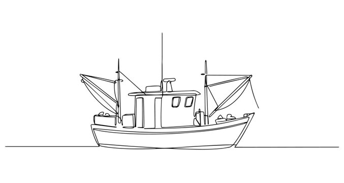 fishing boat trawler sea vessel vector monoline one line line art