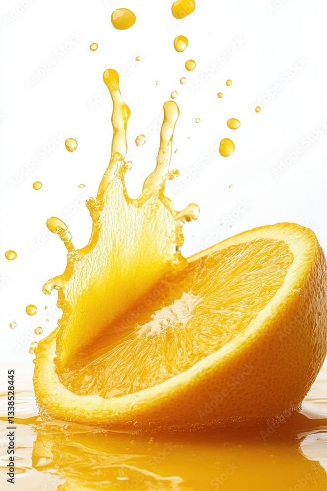 Poster vibrant orange slice exploding with fresh juice on white background capturing refreshing citrus flav
