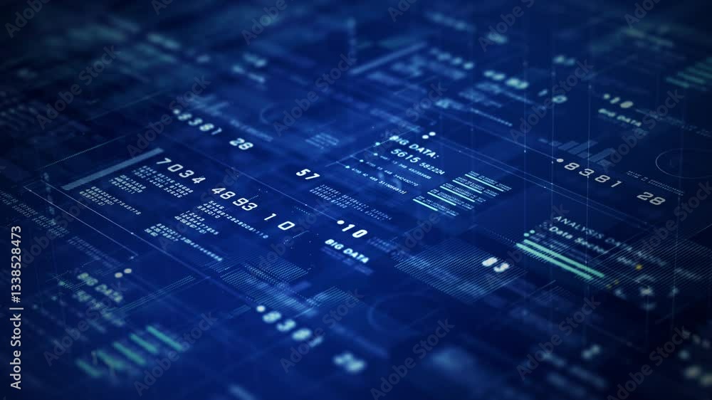 Poster abstract digital interface with big data analytics, futuristic information dashboard, and data visua