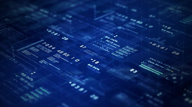 Abstract digital interface with big data analytics, futuristic information dashboard, and data visualization, representing technology, AI, and innovation. Technology abstract background