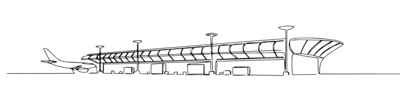 modern airport terminal airplane illustration line art one line vector monoline
