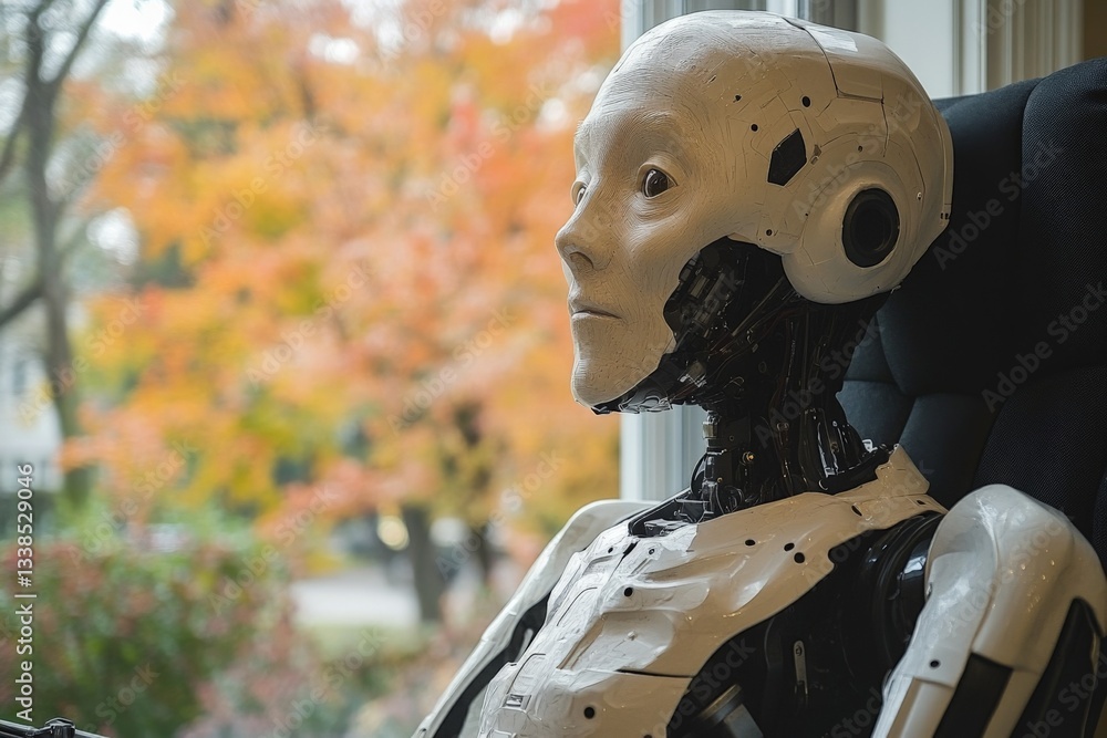 Poster advanced humanoid robot seated indoors with autumn foliage in the background