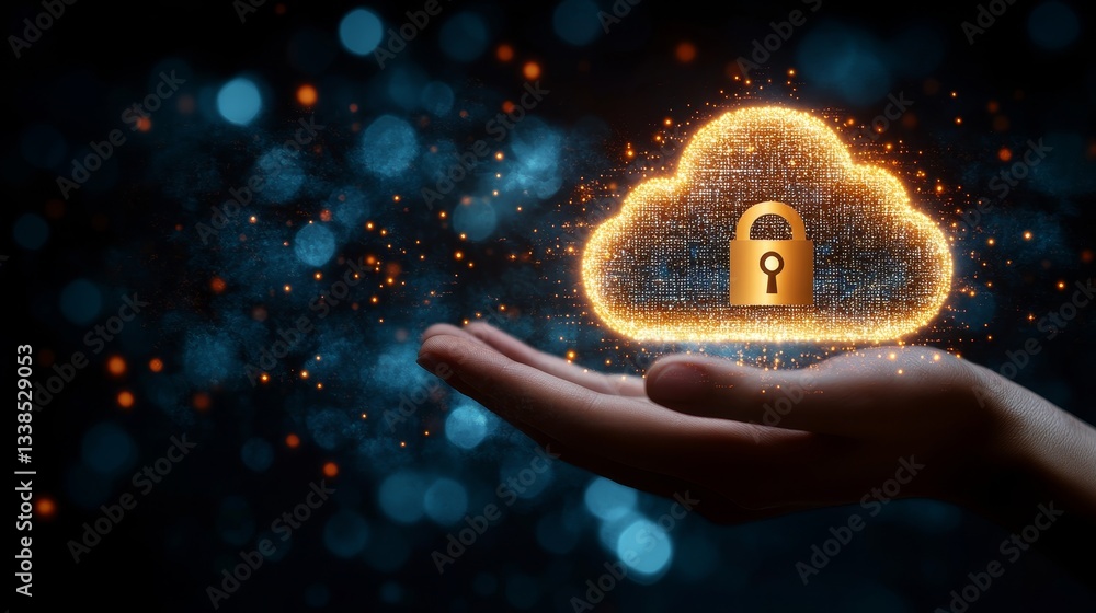 Aufkleber digital cloud security concept golden padlock above open hand, glowing background with bokeh