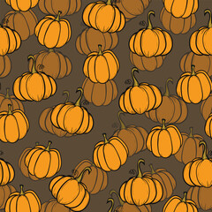 Seamless pattern with pumpkins on color background. Vector hand drawn sketched pumpkin. Autumn illustration for holidays, Halloween. Various food items in doodle style.
