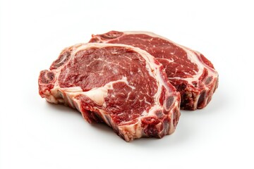 Obraz premium Two steaks on a clean white surface, perfect for food photography or editorial use