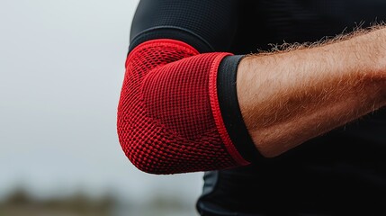 A close-up of a person's elbow with a red compression sleeve, highlighting athletic wear and support for physical activity.