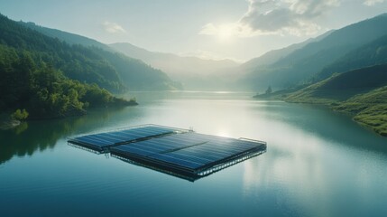 Floating solar panels on a large tranquil reservoir