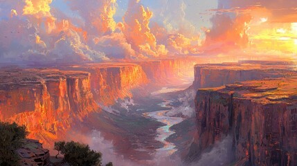 An artistic painting of a canyon with beautiful colorful clouds in the sky