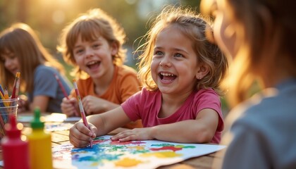 Fototapeta premium Happy children, joyful mood, painting together outdoors, vibrant colors